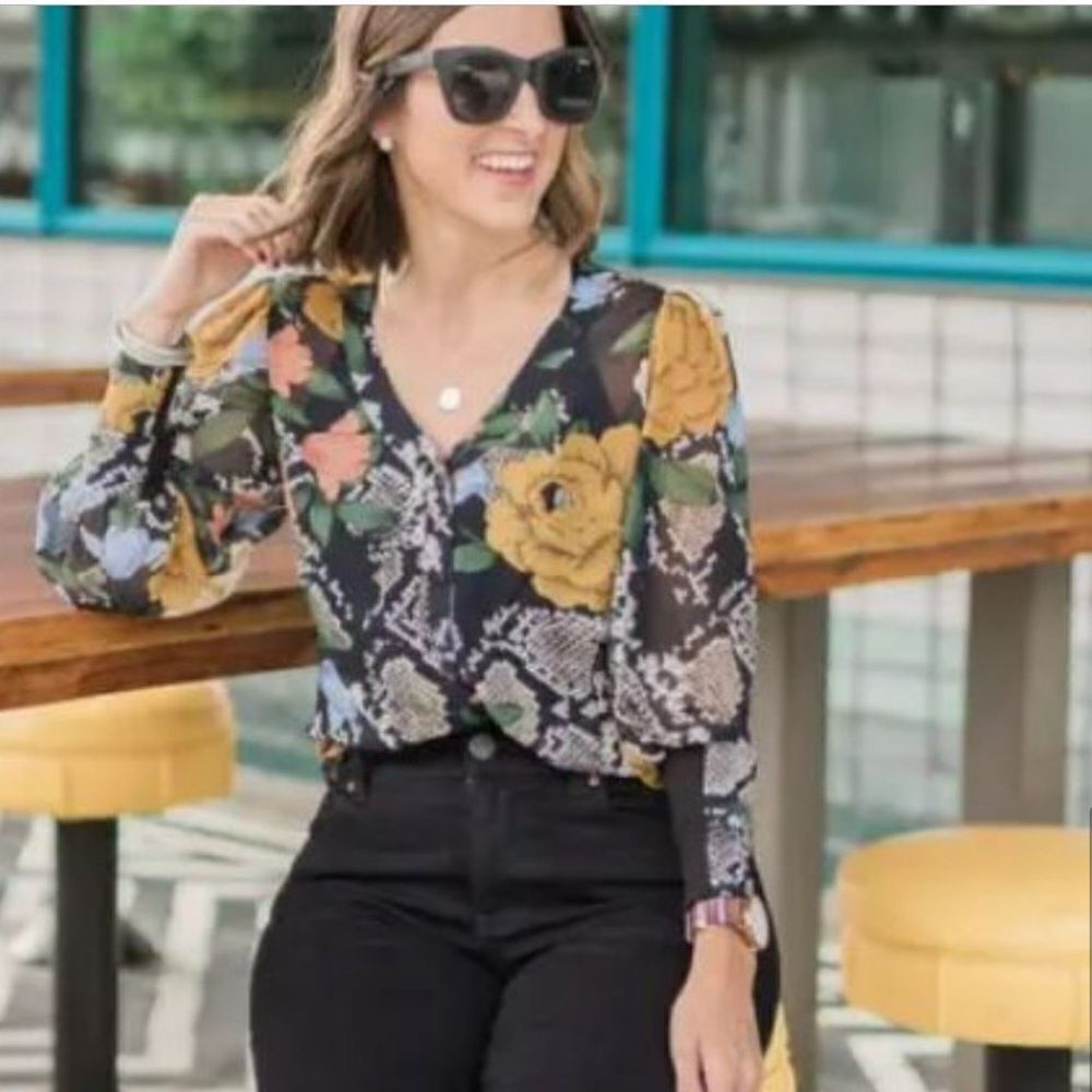 Cabi Snake Charmer Floral Sheer V Neck Blouse - Picture 8 of 11